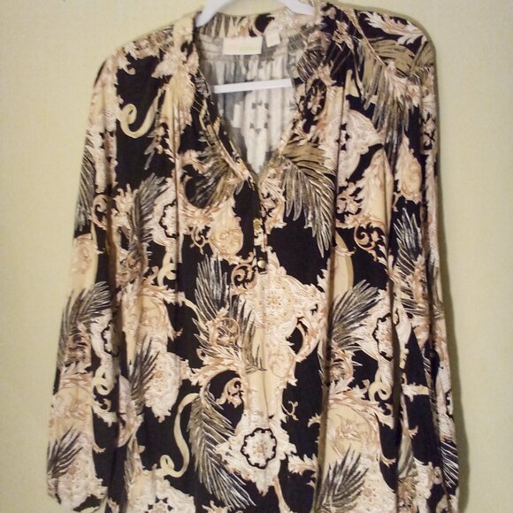 Belle Kim Gravel Blouse Women S Long Sleeve Soft Stretch Pattern Black Tan - Picture 9 of 15
